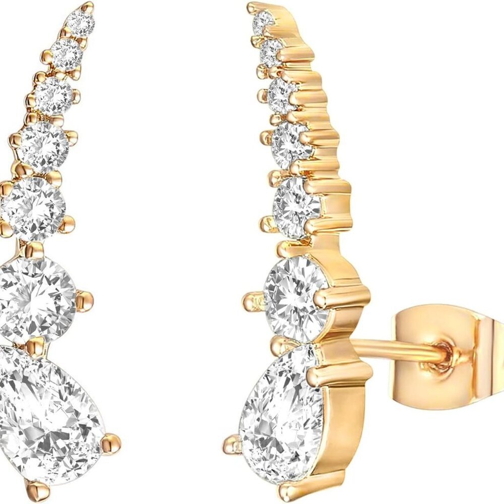 14K Gold Plated Cubic Zirconia Ear Crawler Stud Earrings for Women - Faux Diamon - Picture 1 of 5